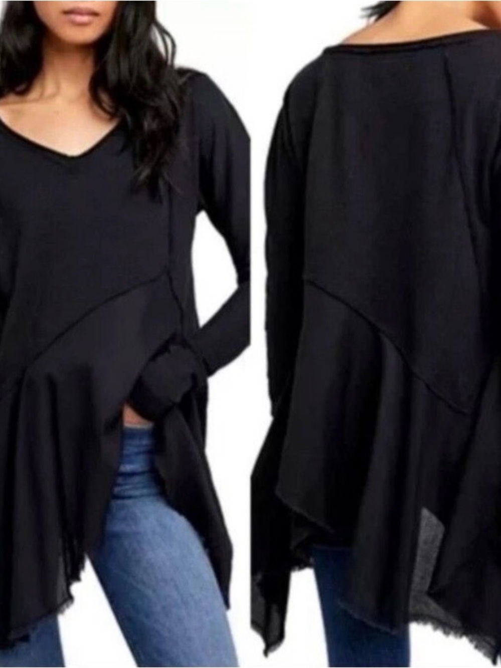 We the Free Comin in Hot Asymmetric Black V-Neck Long Sleeve Tunic/Minidress EUC